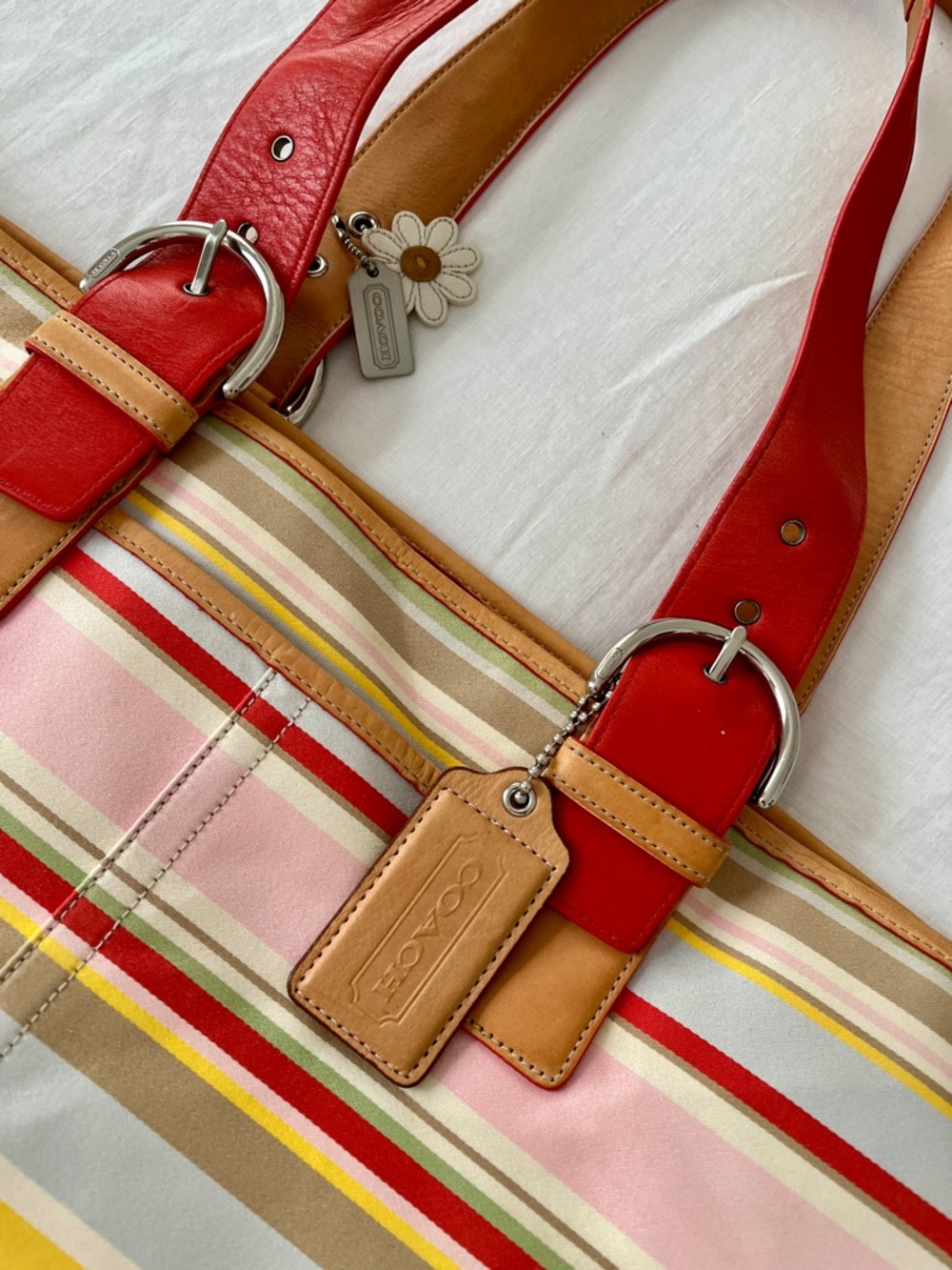 Coach Pastel Multi Striped Canvas Tote with Coral Leather Straps - Picture 6 of 9